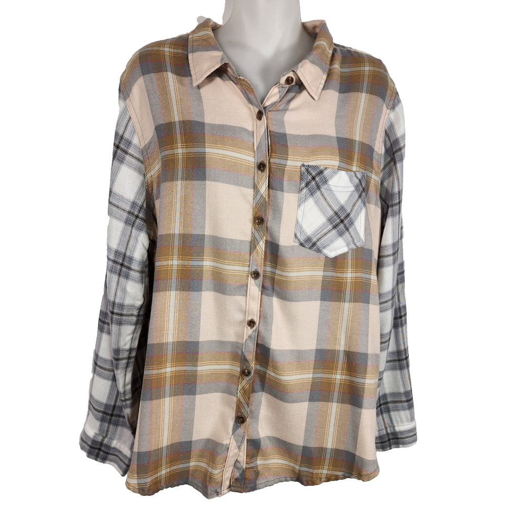 Maurices Womens Plaid Shirt Large Button Front Color Blocked Long Sleeve Pocket